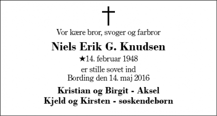 Dødsannoncen for Niels Erik G. Knudsen - Bording