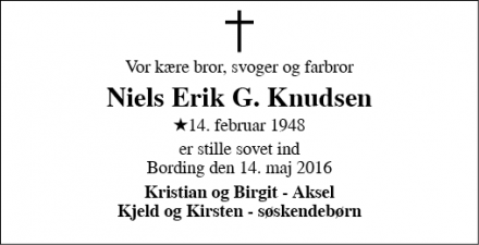 Dødsannoncen for Niels Erik G. Knudsen - Bording