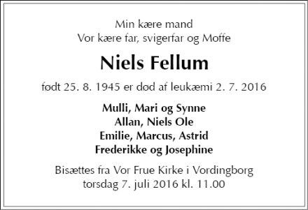 Dødsannoncen for Niels Fellum - Vordingborg