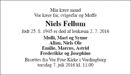 Dødsannoncen for Niels Fellum - Vordingborg