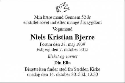 Dødsannoncen for Niels Kristian Bjerre - Esbjerg