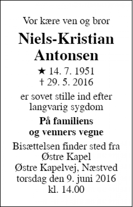 Dødsannoncen for Niels-Kristian Antonsen - Næstved