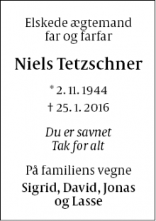 Dødsannoncen for Niels Tetzschner - Tisvildeleje