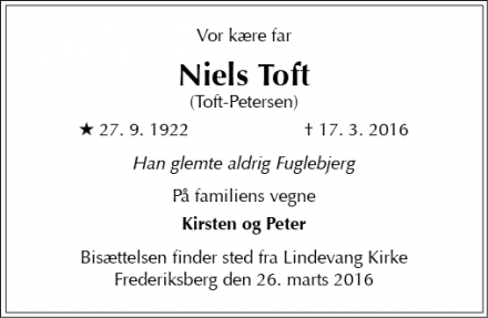 Dødsannoncen for Niels Toft - 2000 Frederiksberg