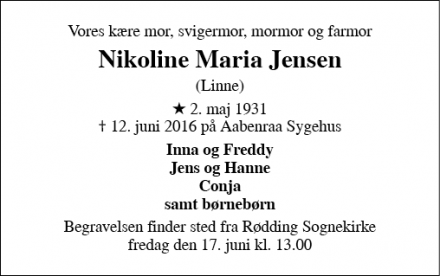 Dødsannoncen for Nikoline Maria Jensen - Rødding