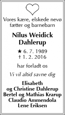 Dødsannoncen for Nilus Weidick Dahlerup - København