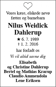 Dødsannoncen for Nilus Weidick Dahlerup - København