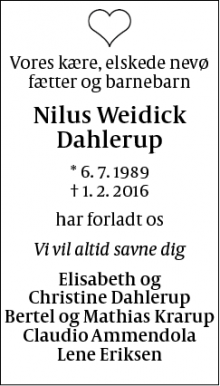 Dødsannoncen for Nilus Weidick Dahlerup - København
