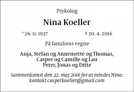 Dødsannoncen for Nina Koeller - Charlottenlund