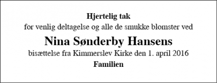 Dødsannoncen for Nina Sønderby Hansen - Lejre/Osted