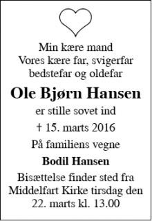 Dødsannoncen for Ole Bjørn Hansen - Middelfart 
