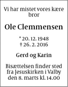 Dødsannoncen for Ole Clemmensen - København Valby