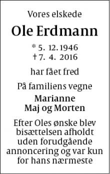 Dødsannoncen for Ole Erdmann - København