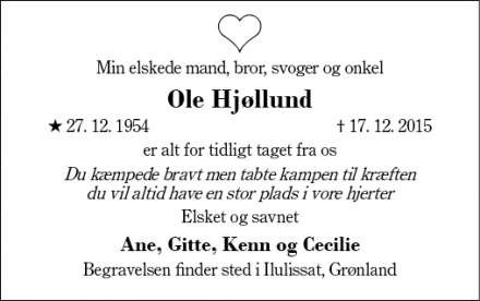 Dødsannoncen for Ole Hjøllund - Ilulissat