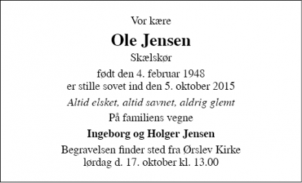 Dødsannoncen for Ole Jensen - Skælskør