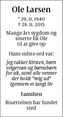 Dødsannoncen for Ole Larsen - Brønshøj