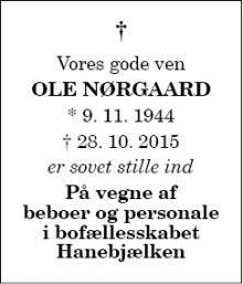 Dødsannoncen for Ole Nørgaard - Klokkeholm