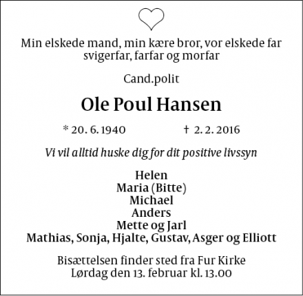Dødsannoncen for Ole Poul Hansen - Fur