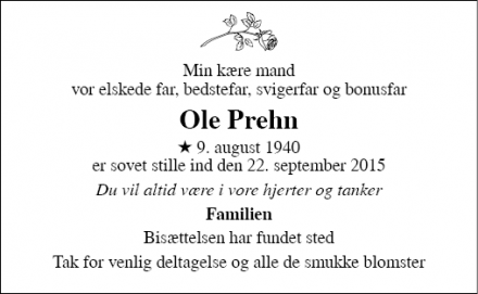 Dødsannoncen for Ole Prehn - Hillerød/Helsingør