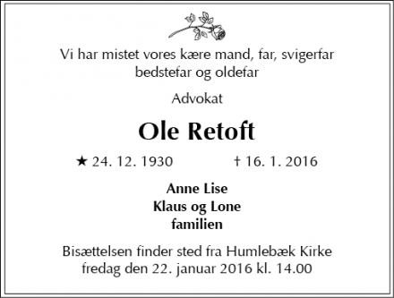 Dødsannoncen for Ole Retoft - Humlebæk 