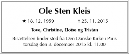 Dødsannoncen for Ole Sten Kleis - Kobenhavn