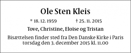 Dødsannoncen for Ole Sten Kleis - Kobenhavn