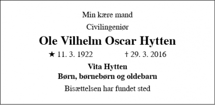 Dødsannoncen for Ole Vilhelm Oscar Hytten - Helsingør