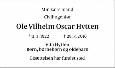 Dødsannoncen for Ole Vilhelm Oscar Hytten - Helsingør