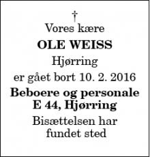 Dødsannoncen for Ole Weiss - Hjøring