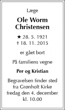 Dødsannoncen for Ole Worm Christensen - Fredensborg