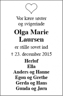 Dødsannoncen for Olga Marie Laursen - Tjæreborg