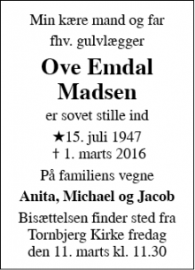 Dødsannoncen for Ove Emdal Madsen - Odense SØ