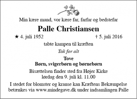 Dødsannoncen for Palle Christiansen - Skærbæk