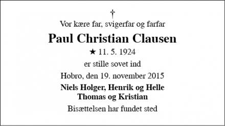 Dødsannoncen for Paul Christian Clausen - Hobro