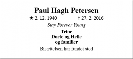 Dødsannoncen for Paul Hagh Petersen - Roskilde