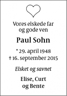 Dødsannoncen for Paul Sohn - København S
