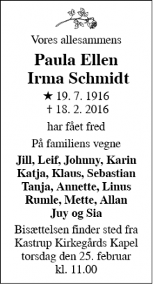 Dødsannoncen for Paula Ellen Irma Schmidt - Kastrup