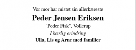 Dødsannoncen for Peder Jensen Eriksen - sønderborg