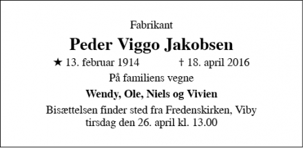 Dødsannoncen for Peder Viggo Jakobsen - Århus