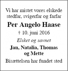 Dødsannoncen for Per Angelo Haase - Tranbjerg j v. Århus