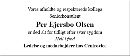 Dødsannoncen for Per Ejersbo Olsen - Vissenbjerg