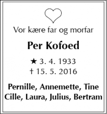 Dødsannoncen for Per Kofoed - Aalbæk