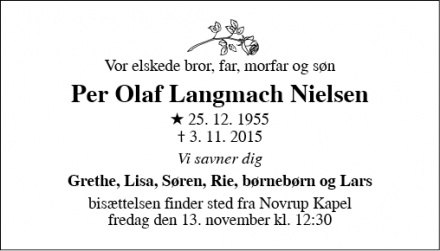 Dødsannoncen for Per Olaf Langmach Nielsen - Esbjerg