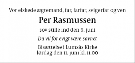 Dødsannoncen for Per Rasmussen - Lumsås
