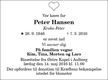 Dødsannoncen for Peter Hansen - Aalborg