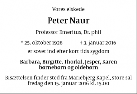 Dødsannoncen for Peter Naur - Gentofte