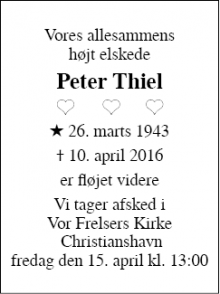 Dødsannoncen for Peter Thiel - Christiania, København