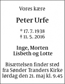 Dødsannoncen for Peter Urfe - Aalborg