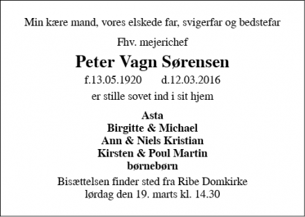 Dødsannoncen for Peter Vagn Sørensen - Ribe