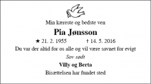 Dødsannoncen for Pia Jønsson - Hvidovre